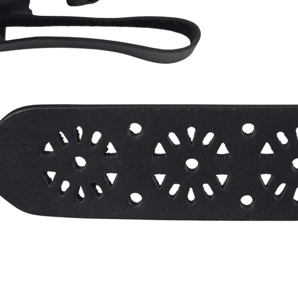NWT Black Perforated Leather Belt Floral Festival XL Boho Silver Tone Buckle